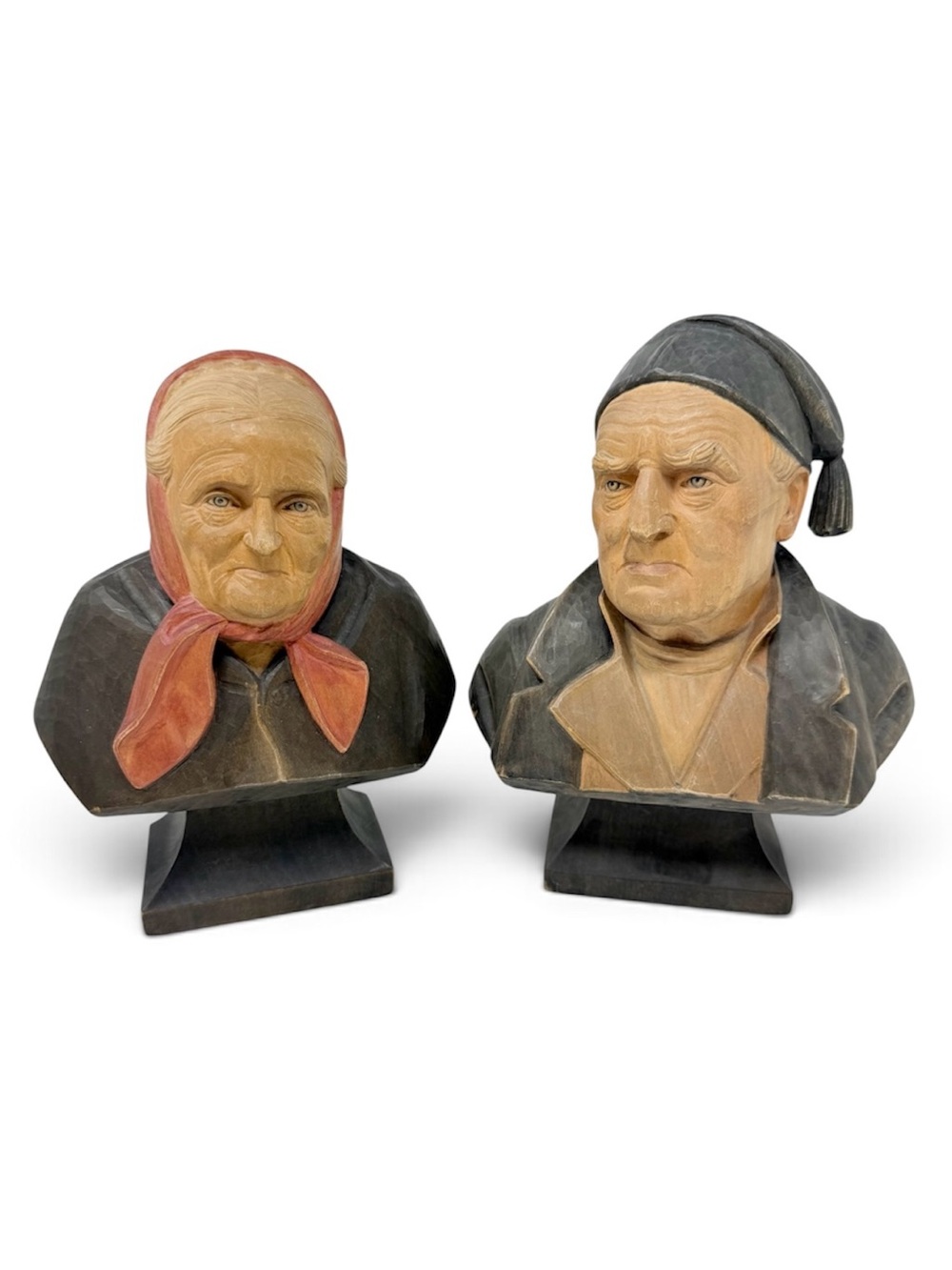 Vintage Wood Carved Hand-Painted Elderly Couple Busts Unique Rustic MCM Accent